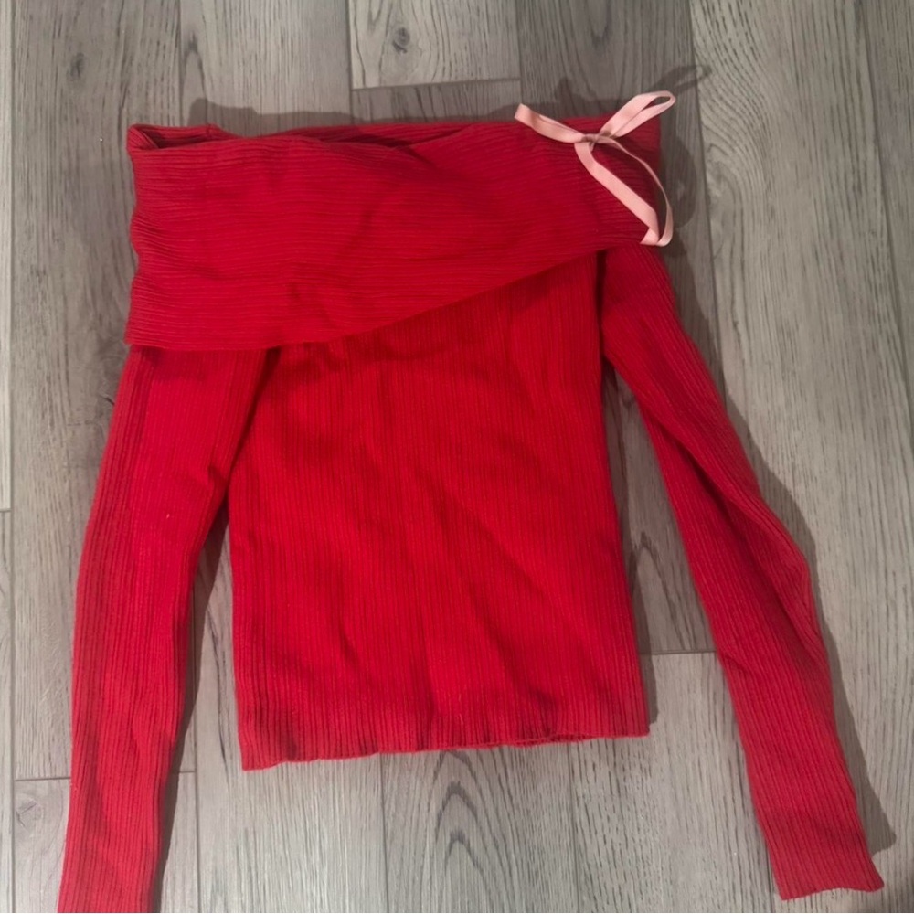 Forever 21 Red Off-Shoulder Sweater with Pink Bow